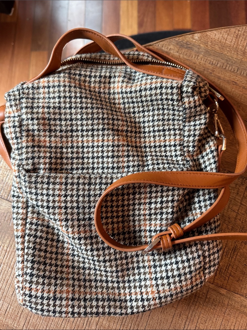 a new day Houndstooth Crossbody Tote with Tan Leather Strap